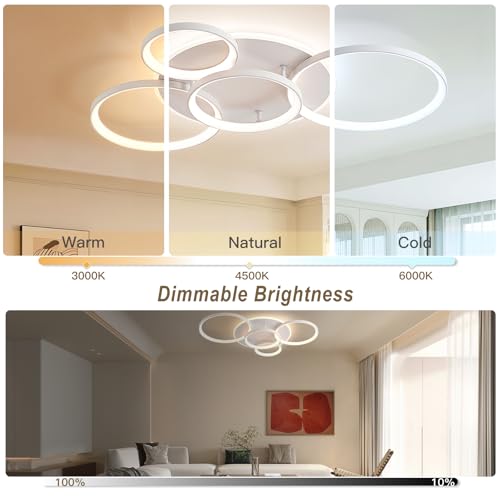 MOUNM Modern LED Ceiling Light, Bedroom Chandelier, Dimmable LED Ceiling Light, 3000 K-6000 K for Living Room, Bedroom, Dining Room, 60 W, 5600 lm