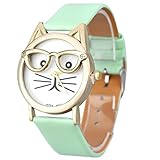Winhurn Super Cute Cat Glasses Design Analog Quartz Women Wrist Watch (Blue)