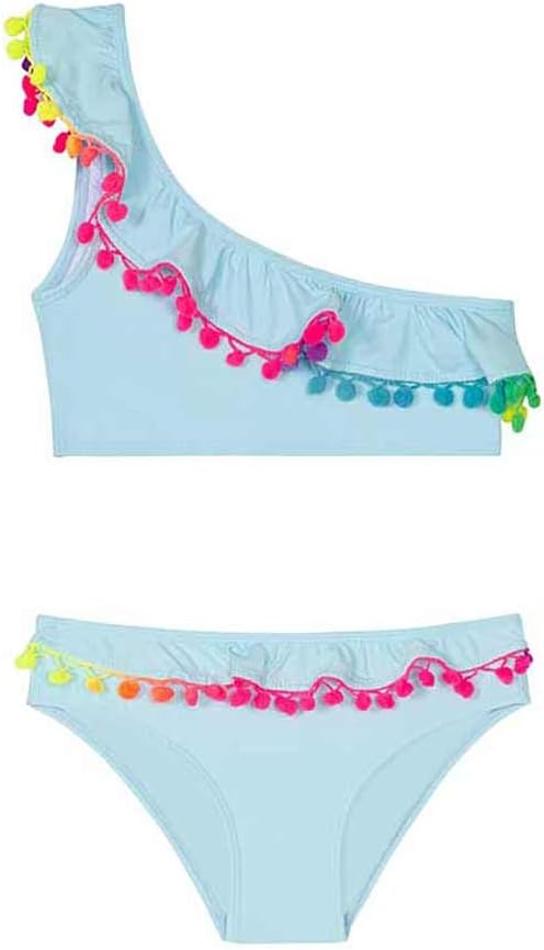 PilyQ Cabana Blue ONE Shoulder POM POM Girls Bikini