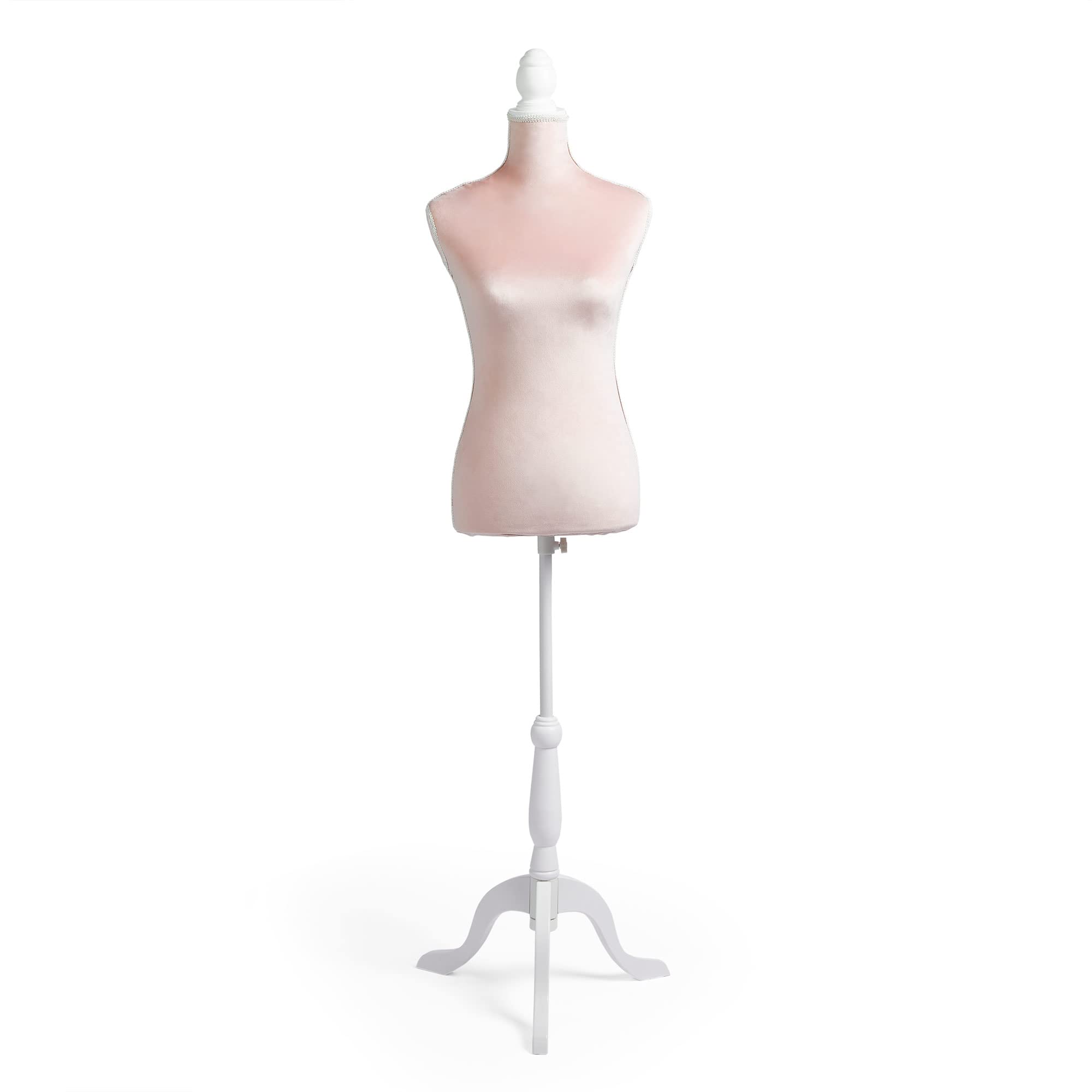 BTFY Mannequin Female - Velvet Dressmakers Tailors Dummy UK Size 8/10 - Decorative Dress Form Body w/Wooden Stand & Adjustable Height - Seamstress Model for Shop Display - Blush Pink & White