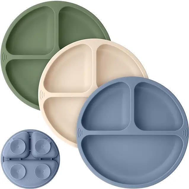 Baby Suction Plate Set of 3 - Non Slip Baby Plate, Divided Plates for Toddlers and Kids Childrens, BPA-Free Unbreakable Plates (Royal Blue/Cream/Army Green)