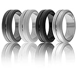 Silicone Wedding Ring For Women By ROQ, Set of 4 Elegant, Affordable Silicone Rubber Wedding Bands, Brushed Top Beveled Edges -Black, Grey, Silver, Light Grey - Size 11
