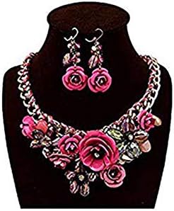 Floral Flower Statement Necklace and Earring Set Choker Chunky Gold Plated Chain Pendant Jewelry