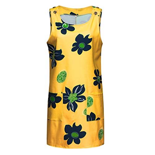 Women Boho Tunic Mini Dress, Lady Summer Strap Round Neck Button Printed Shift Beach Sundress with Pockets (X-Large, Yellow)