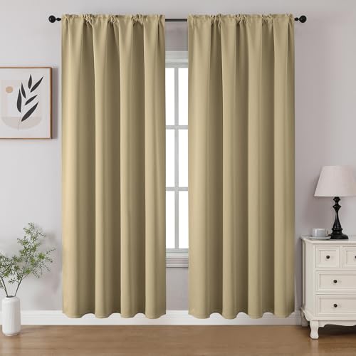CUCRAF Blackout Curtains Room Darkening Window Curtain Panels, Rod Pocket Thermal Insulated Solid Drapes for Bedroom Living Room, Set of 2 Panels. 52 x 72 inch, Beige