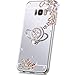 PHEZEN Case for Samsung Galaxy S8 Mirror Case,Bling Glitter Flowers Sparkle Rhinestone Mirror Back TPU Silicone Case Cover with Ring Kickstand Diamond Crystal Case for Galaxy S8,Silverthumb 3
