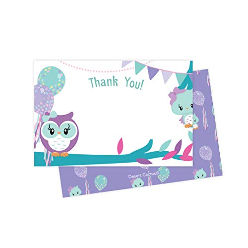 Owl Thank You Cards (25 Count) With Envelopes & Seal Stickers Bulk Birthday Party Bridal Blank Graduation Kids Children Boy Girl