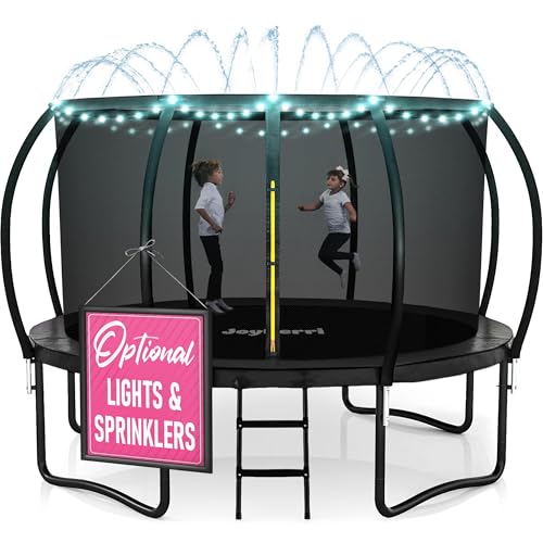 JoyBerri Trampoline Outdoor - ASTM Certified Safe, 8Ft, 10Ft, 12Ft, 14Ft, 15Ft, 16Ft Recreational Trampoline for Kids and Adults. Anti-Rust Coating with Enclosure Net, Ladder, Sprinkler & LED Lights Image