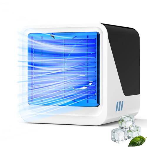 Aire Acondicionado Portátil, 3 en 1 Enfriador de Aire Sin Tubo, USB Ventilador Silencioso con Agua 500ml, 3 Velocidades, Luz 7 Colores, Pequeño Climatizador Evaporativo para Dormitorio y Oficina