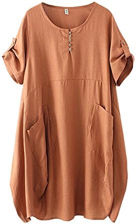 HOOBEE LINEN Women's Short Sleeve Loose Baggy Dress Top with Pockets