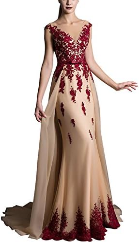 BRLMALL Women's Long Mermaid Lace Applique Evening Dress Cap Sleeves Party Gowns BPM35
