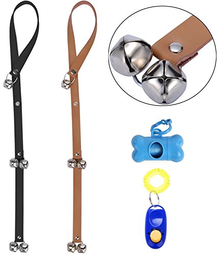 2-Pack-Leather-Dog-Doorbells-Doggie-Potty-Training-Bells-Dog-Bell-for-Housebreaking-with-1-Trainer-Clicker-and-1-Waste-Bag-Dispenser