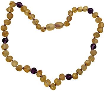 Certified Baltic Amber and Gemstone Necklace By UMAI - Pain Relief From Teething - Unisex- Safely Knotted Beads (Raw Lemon and Violet Amethyst)