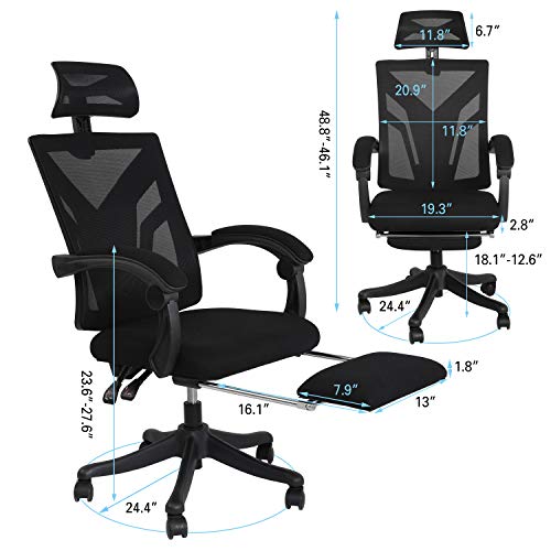 ORAF Home Office Chair Mesh Computer Desk Chair High Back mesh Rolling Swivel Reclining Back, Footrest, Adjustable Headrest ＆Seat Height - Black