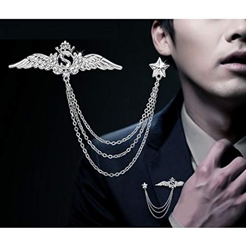 Huture 3packs Men's Elegant Brooch Wing Tassel Chain Brooch Rudder Brooch Shield Brooch Lapel Pin Badge Brooch Rhinestone Badge Vintage Corsage for Men Tie Hat Scarf Suit Tuxedo Silver - Thumbnail 2