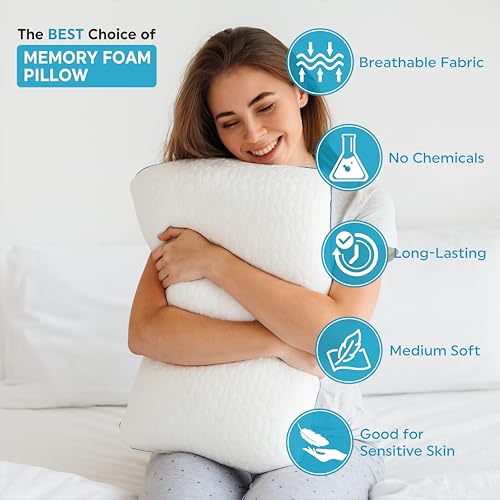 Memory Foam Bed Pillow, Orthopedic Pillow for Neck support, Size 60 x 40 cm, Shoulder and Neck Pain Relief, Cooling Pillowcase
