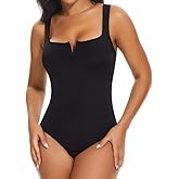 SHAPERIN Women's Notch V Square Neck Sleeveless Bodysuit Tank Tops Tummy Control Shapewear Thong Body Suits Double Lined