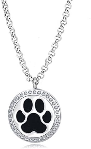 MESINYA 30mm Essential Oil Diffuser Necklace Aroma Hypo-Allergenic Magnetic Locket Pendant With 24'' Chain&amp;Pads (Paw Print W/Crystal)