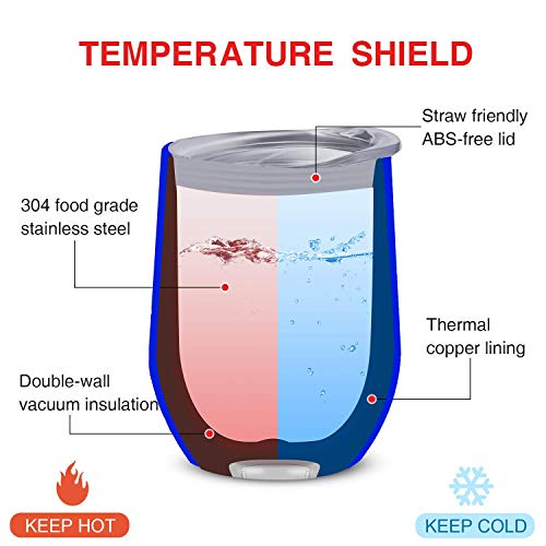 Luckti 12 oz Insulated Stainless Steel Wine Tumbler Cup Double Wall Vacuum Stemless Glass with Lid - 2 pack set: Red & Blue