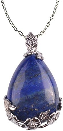 Carved Necklace Teardrop Pendant Necklace Colorful Crystal Stone Pendant on 19 inch Silver Alloy Necklace