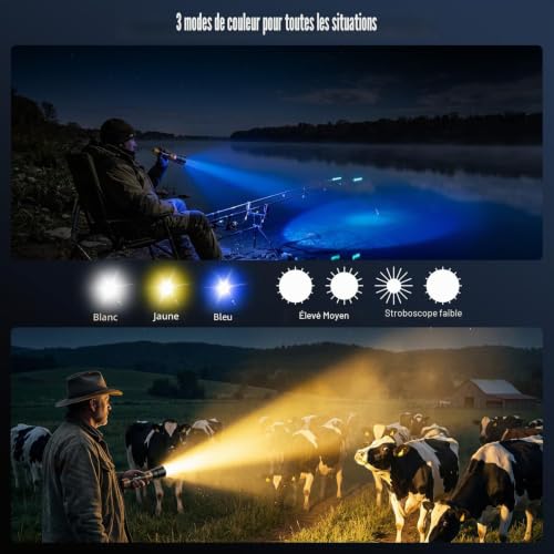 SKYFIRE Ultra Powerful 50000 Lumens Rechargeable LED Torch with Fire Starter & 3 Lenses, 10000mAh Zoomable USB-C 4 Modes IPX6 Waterproof for Camping Hiking Emergency Gift Men