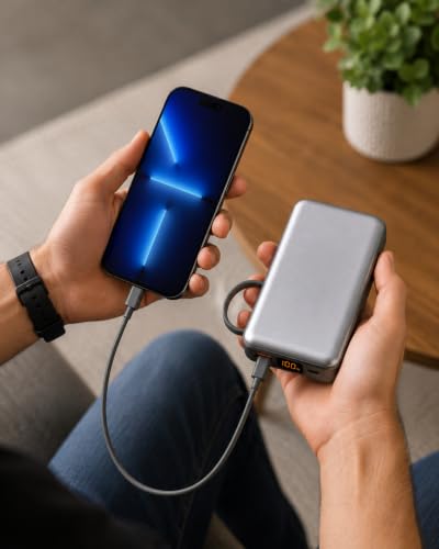 Power Bank 20000mAh 22,5W com Cabo USB-C Integrado e Display Digital LED | Carregamento rápido, compatível com iphone, alça de transporte