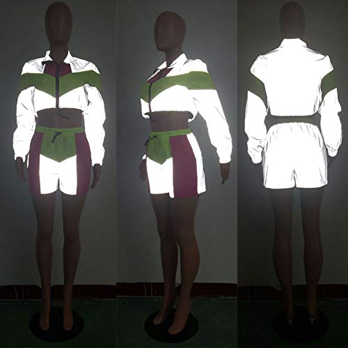 Women Sexy Reflective 2 Piece Outfits Short Pant Sets Long Sleeve Crop Tops Rompers Clubwear Grey Rose XL - Thumbnail 5