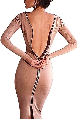 Womens Long Sleeve Slim Fit Back Zipper Pencil Bodycon Midi Dress (XL, beige)