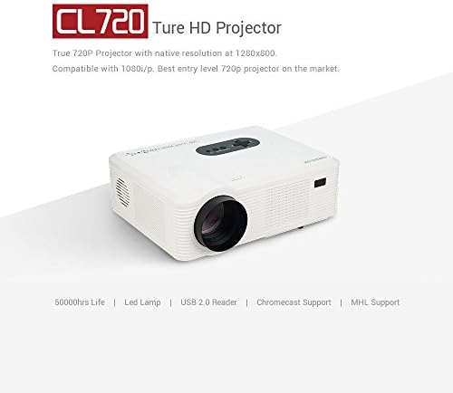 CHEERLUX LCD Projector HD 720P LED Portable Movie Projector 2-HDMI 2-USB Native Resolution 1280x800 Support Chromecast Blu-Ray XBOX ONE White Color