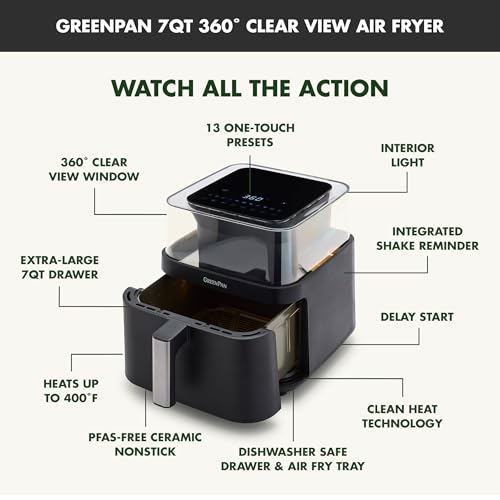 GreenPan Clearview freidora de aire extra grande de 7 cuartos, ventana transparente de 360°, cajón y bandeja antiadherentes de cerámica sin PFAS, calor a 400 °F, 13 preajustes, recordatorio de batido, mantener caliente, inicio retardado, piezas aptas para lavavajillas