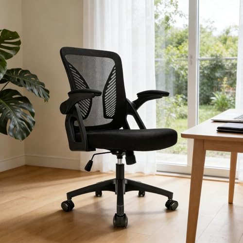 Durrafy Ergonomic Office Chair, Desk Chair with 90° Flip-up Armrests, Lumbar Support & Height Adjustable, Breathable Swivel Computer Chair with Tilt Function, Mid-Back Mesh Chair For Home/Office