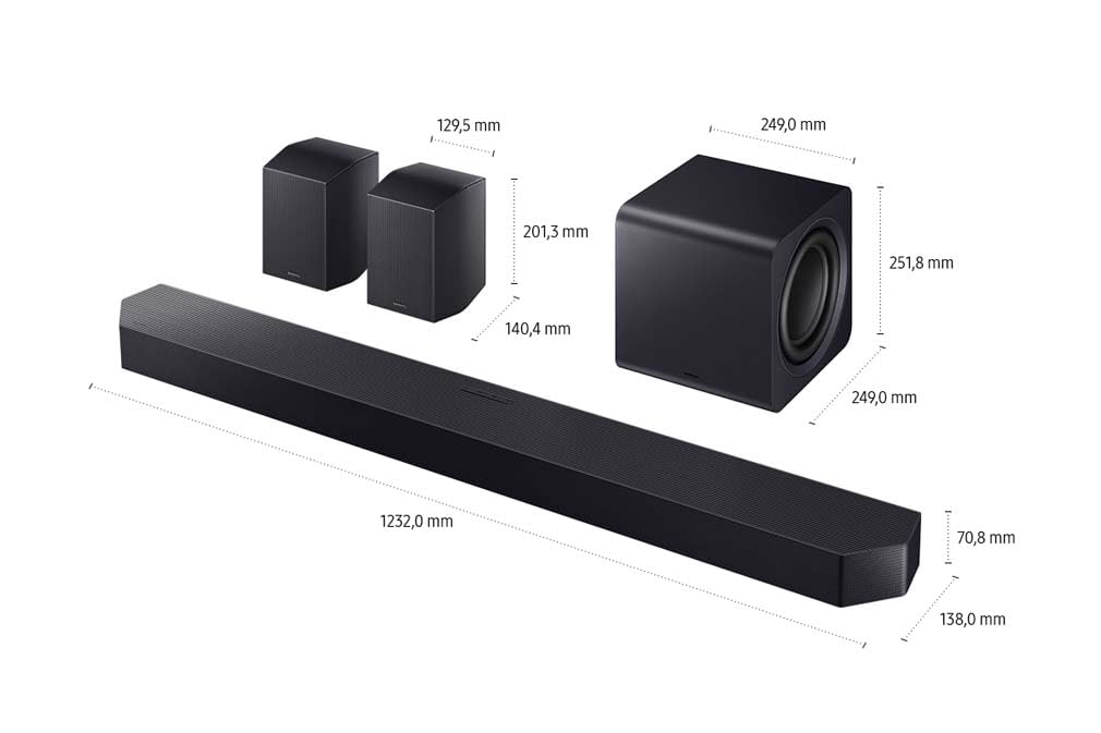 Samsung HW-Q995GF Q-Series 11.1.4-Kanal-Soundbar für Fernseher, Kabelloser 8"-Dual-Subwoofer, 4.0.2-Kanal-Rücklautsprecher, Kabelloses Dolby Atmos und DTS:X, SpaceFit Sound Pro, Q-Symphony 5
