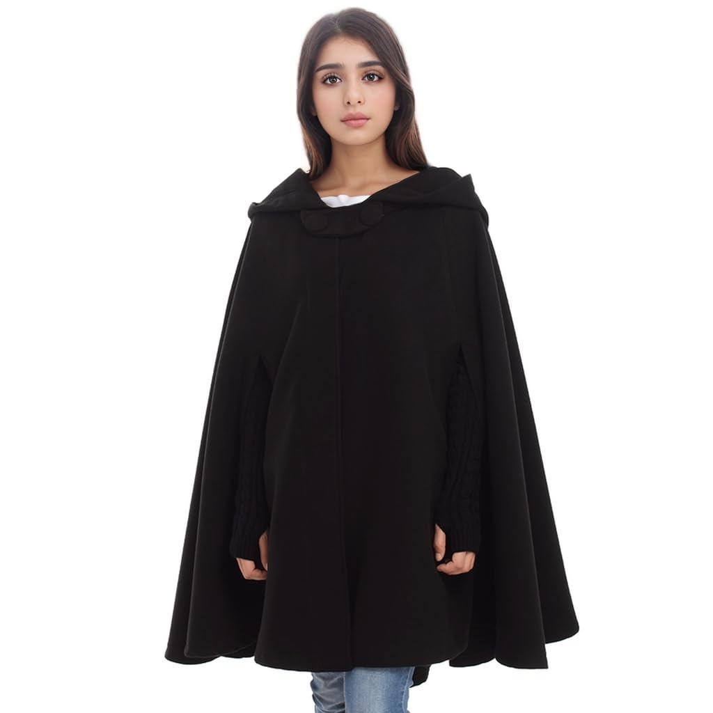 GRACEART Medieval Cosplay Robe Cloak Wool Blend Hooded Poncho Cape (Black)