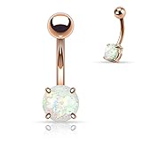 {White} Synthetic Opal Glitter Prong Set Rose Gold IP Over 316L Surgical Steel Belly Button Ring (Sold Ind.)