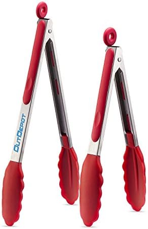 Outdepot Silicone Cooking Tongs Stainless Steel Kitchen Food Tongs Set (9 inch &amp; 12 inch) Non-stick BBQ Tongs &amp; Bread Tangs Salad Helpers (Pack of 2)