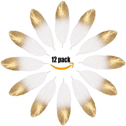12 PCS Gold Dipped Natural White Feather in Bulk for Craft Party Decoration, Baby Shower, Birthday Wedding Party, Gift wrapping