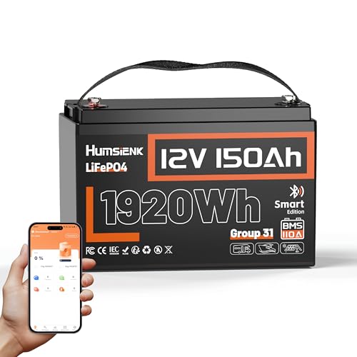 Humsienk 12V 150Ah LiFePO4 Batterie mit Bluetooth, 110A BMS 1920Wh Tiefzyklus Lithium Batterie, Niedrigtemperaturschutz, Perfekt für Wohnmobile, Trolling-Motore
