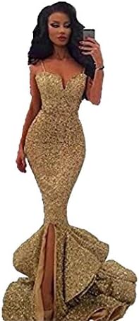 Women's Straps Sequined Mermaid Long Evening Prom Dresses with Slit Formal Gowns Gold6