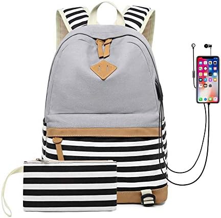 HFYSchool Backpack, Laptop Backpack 15.6 Inch, Canvas Backpack School Bags Set for Teens Girls School Backpack with USB Port and Earphone Port, Water Resistant College School Bag