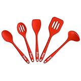 CUSTOMER FAVORITE! 5 Piece Kitchen Utensil Set – 100% Food Grade Silicone – BPA Free & FDA Approved – Lightweight, Flexible, Durable, Heat Resistant Cooking Tools – Dishwasher Safe – Red
