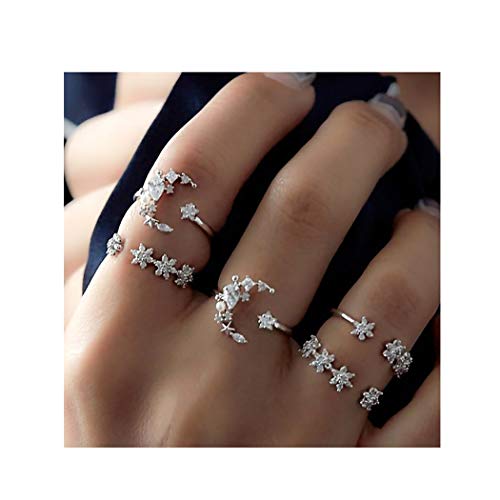 image for Edary Boho Crystal Rings Set Moon Rhinestone Joint Knuckle Ring Set Si