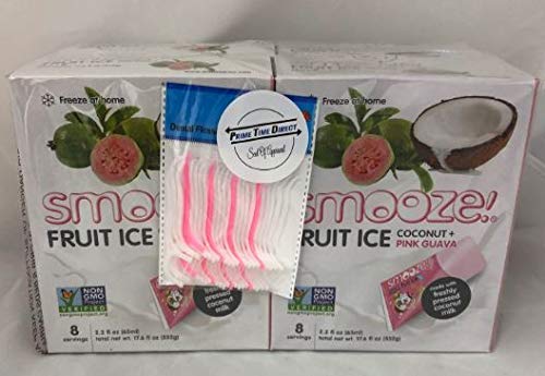 Smooze All Natural Fruit Ice,Coconut + Guava, 17.6 Ounce Boxes (Pack of 4) with 20ct Dental Flossers in a Prime Time Direct Sealed Bag
