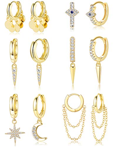 LOYALLOOK 6 pares de pendientes colgantes de aro con forma de estrella y luna Evil Eye Huggie Hoop bonito pendiente CZ Spike con bisagras borla cadena gota colgante cartílago pendiente para mujeres y hombres