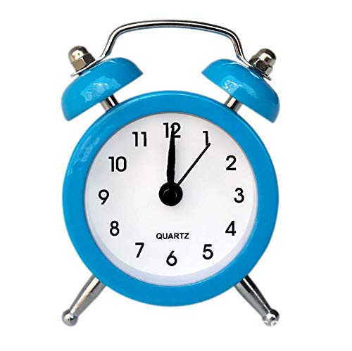 SHISI Mini alarm clock cute cartoon round portable metal clock family travel and exam alarm ticking (blue)