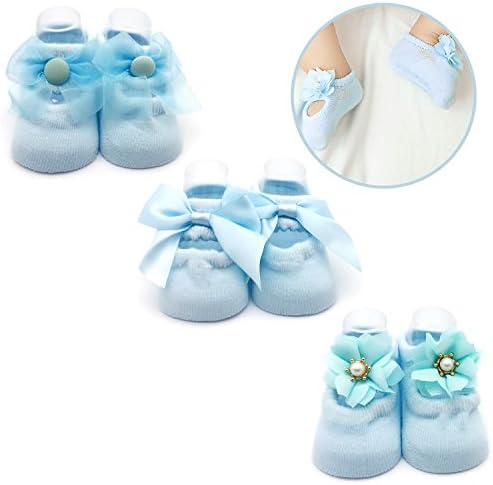 Elesa Miracle Non-skid Baby Girl Toddler Mary Jane Socks, Newborn Baby Photography Props Anti Slip Flower Pearl Bownote Socks Value Set in Gift Box (M for 6-12 Months, Sky Blue)
