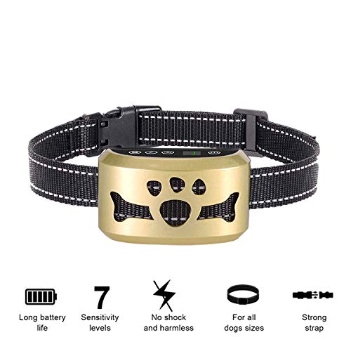 Dog No Bark Collar with Smart Detection Vibration and Harmless Shock- Rechargeable Anti Barking Device for Small Medium and Large Dog (Gold)