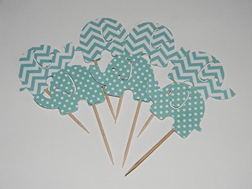 24 Large Teal Chevron and Polka dot Elephant cupcake toppers food picks birthday party baby shower supplies