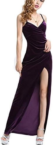 Women's Spaghetti V-neck Side Split Velvet Evening Dress Backless Prom Formal Gown 626 Purple-24P