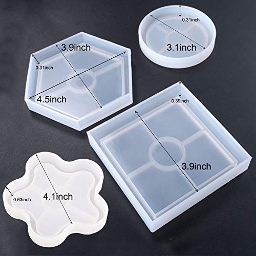 Jatidne Resin Molds Coaster Silicone Molds for Resin Epoxy Casting Molds 4 Pieces Shapes with Flowers and Beads DIY Craft Making