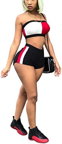 Aleng Women's 2 Piece Outfits Color Block Bodycon Bandeau Crop Top and Striped Shorts Set Jumpsuit Romper